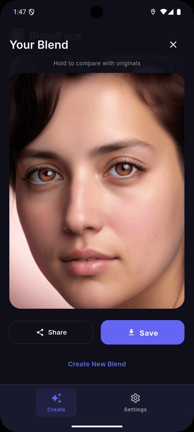 BlendFace App Preview showing blended face result